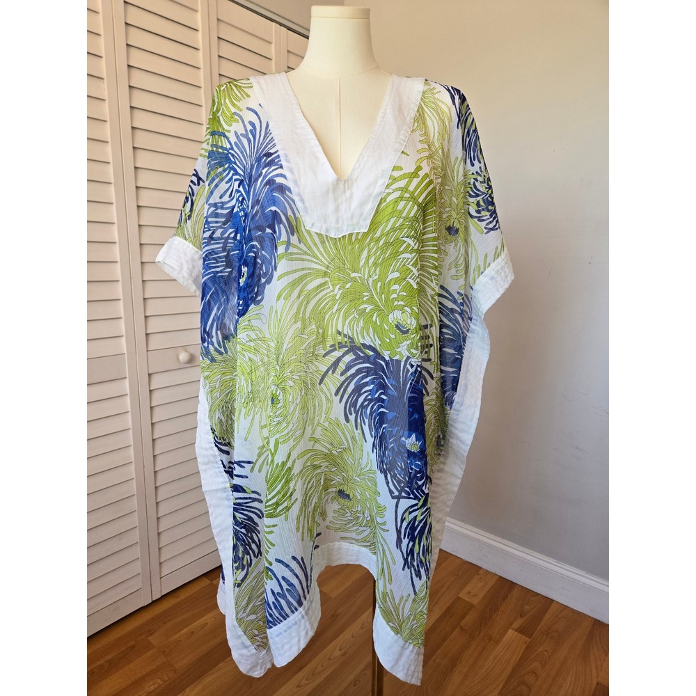 Tropical Print Caftan Tunic Sheer Cover Up One Size Resort Boho Beach Vacation - Picture 2 of 10